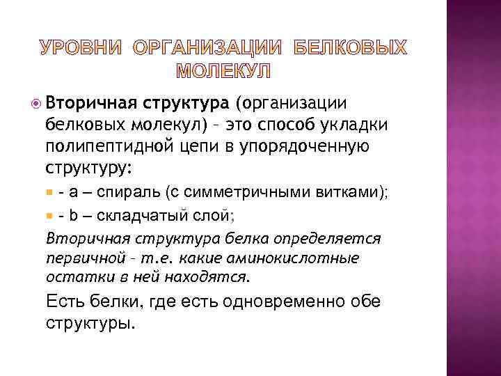  Вторичная структура (организации белковых молекул) – это способ укладки полипептидной цепи в упорядоченную