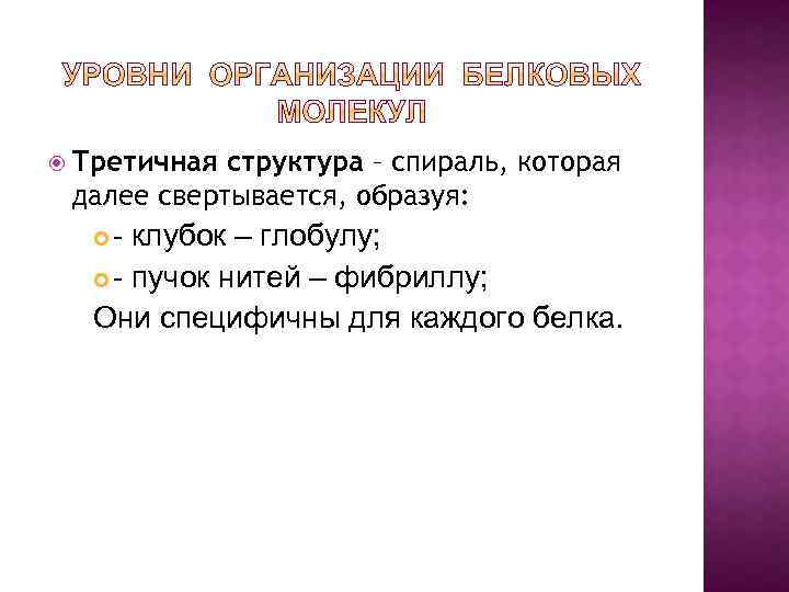  Третичная структура – спираль, которая далее свертывается, образуя: - клубок – глобулу; -