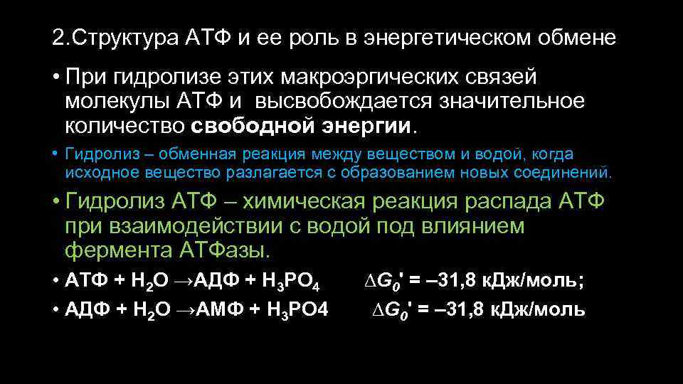 2. Структура АТФ и ее роль в энергетическом обмене • При гидролизе этих макроэргических