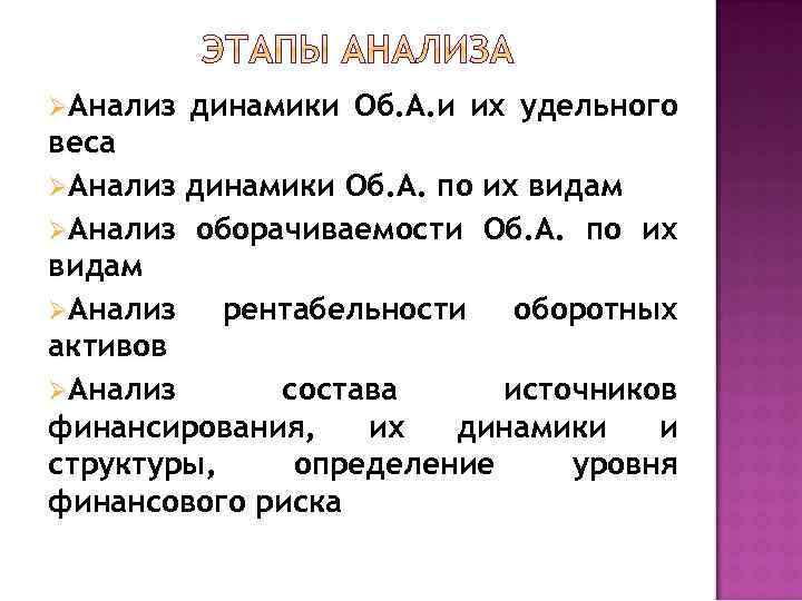 ØАнализ динамики Об. А. и их удельного веса ØАнализ динамики Об. А. по их