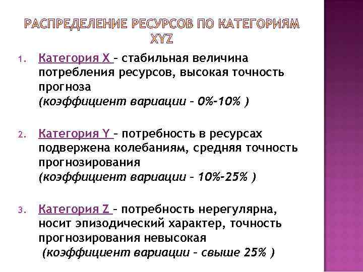 1. Категория Х – стабильная величина потребления ресурсов, высокая точность прогноза (коэффициент вариации –