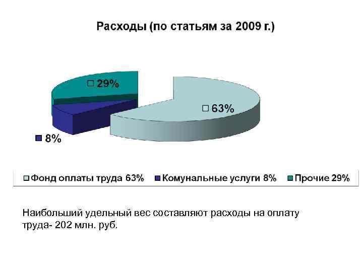 Наибольший удельный вес составляют расходы на оплату труда- 202 млн. руб. 