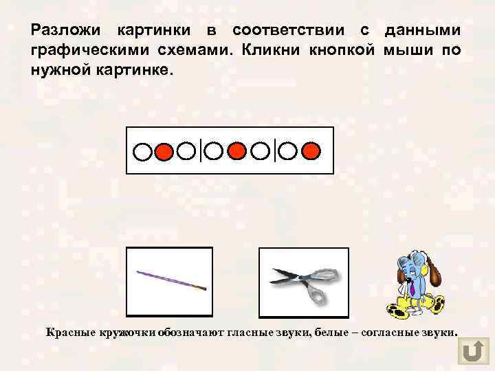 Разложи картинки в соответствии с данными графическими схемами. Кликни кнопкой мыши по нужной картинке.