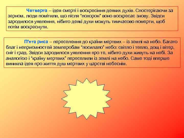 Четверта – ідея смерті і воскресіння деяких духів. Спостерігаючи за зерном, люди помітили, що