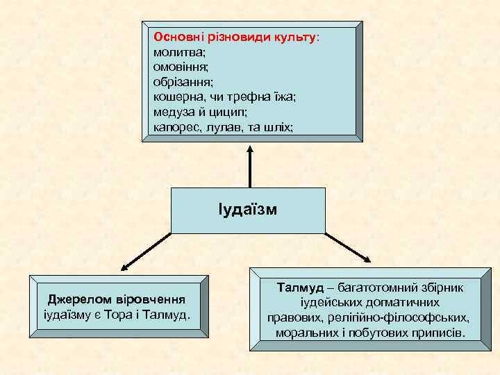 Основні різновиди культу: молитва; омовіння; обрізання; кошерна, чи трефна їжа; медуза й цицип; капорес,