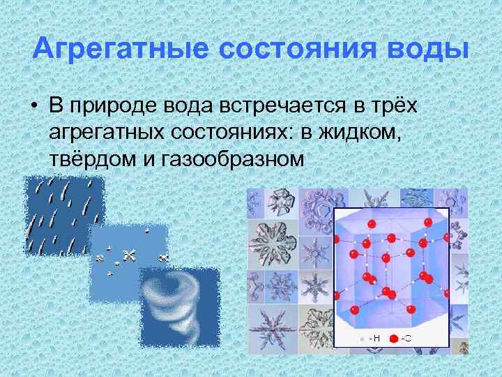 Агрегатные состояния воды • В природе вода встречается в трёх агрегатных состояниях: в жидком,