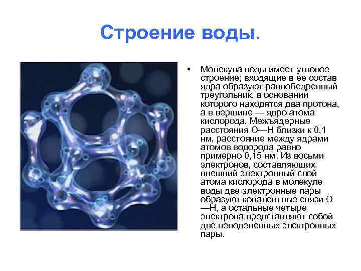 Строение воды. • Молекула воды имеет угловое строение; входящие в ее состав ядра образуют
