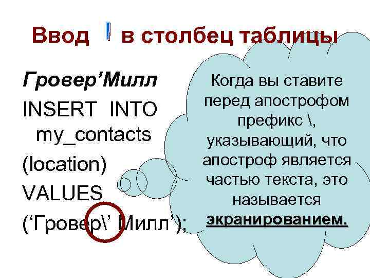 Ввод в столбец таблицы Гровер’Милл INSERT INTO my_contacts (location) VALUES (‘Гровер’ Милл’); Когда вы