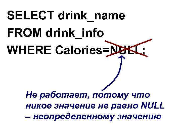 SELECT drink_name FROM drink_info WHERE Calories=NULL; Не работает, потому что никое значение не равно