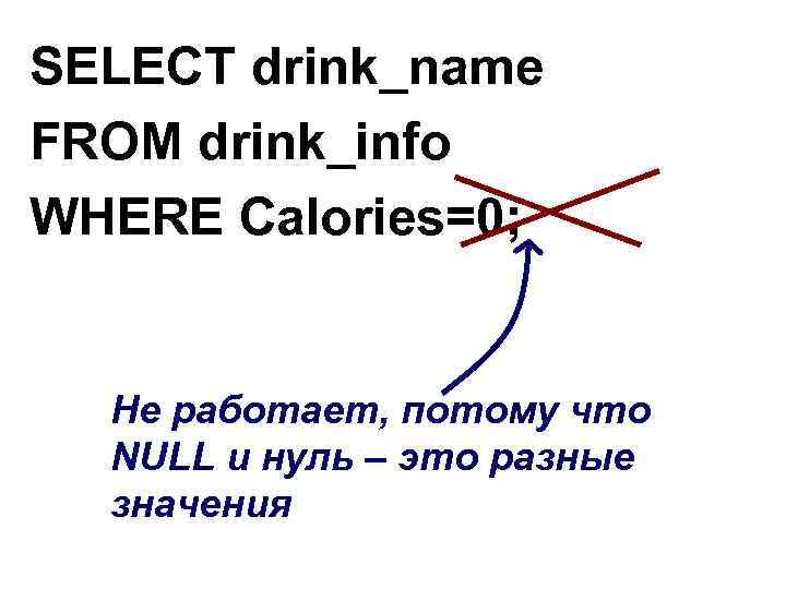 SELECT drink_name FROM drink_info WHERE Calories=0; Не работает, потому что NULL и нуль –