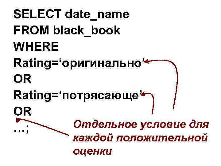 SELECT date_name FROM black_book WHERE Rating=‘оригинально’ OR Rating=‘потрясающе’ OR Отдельное условие для …; каждой