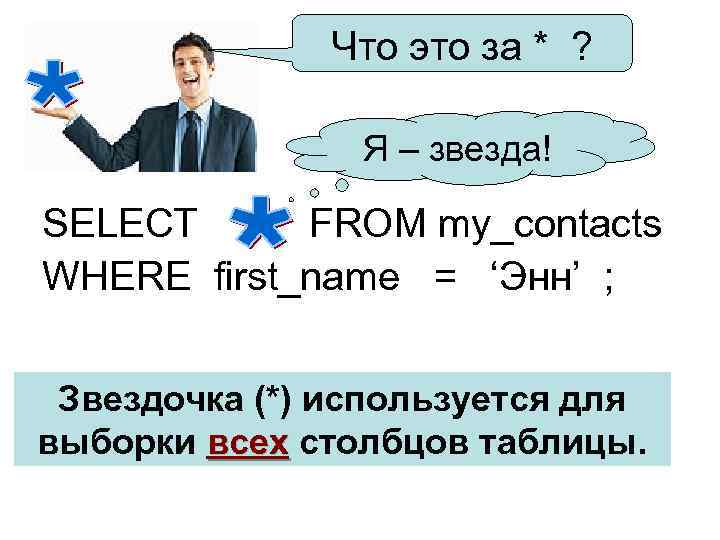 Что это за * ? Я – звезда! SELECT FROM my_contacts WHERE first_name =