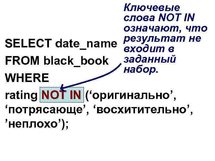 Ключевые слова NOT IN означают, что результam не SELECT date_name входит в FROM black_book