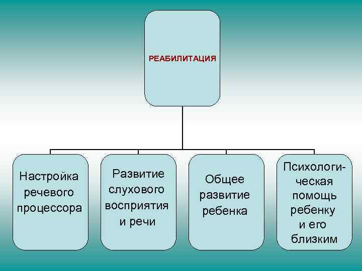 РЕАБИЛИТАЦИЯ Настройка речевого процессора Развитие слухового восприятия и речи Общее развитие ребенка Психологическая помощь