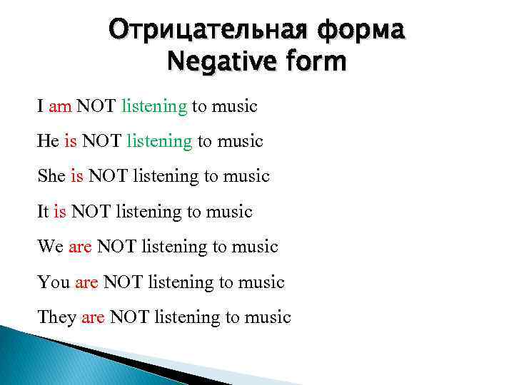 Отрицательная форма Negative form I am NOT listening to music He is NOT listening