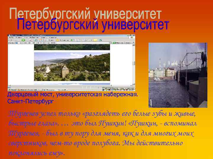 Дворцовый мост, университетская набережная. Санкт-Петербург Тургенев успел только «разглядеть его белые зубы и живые,