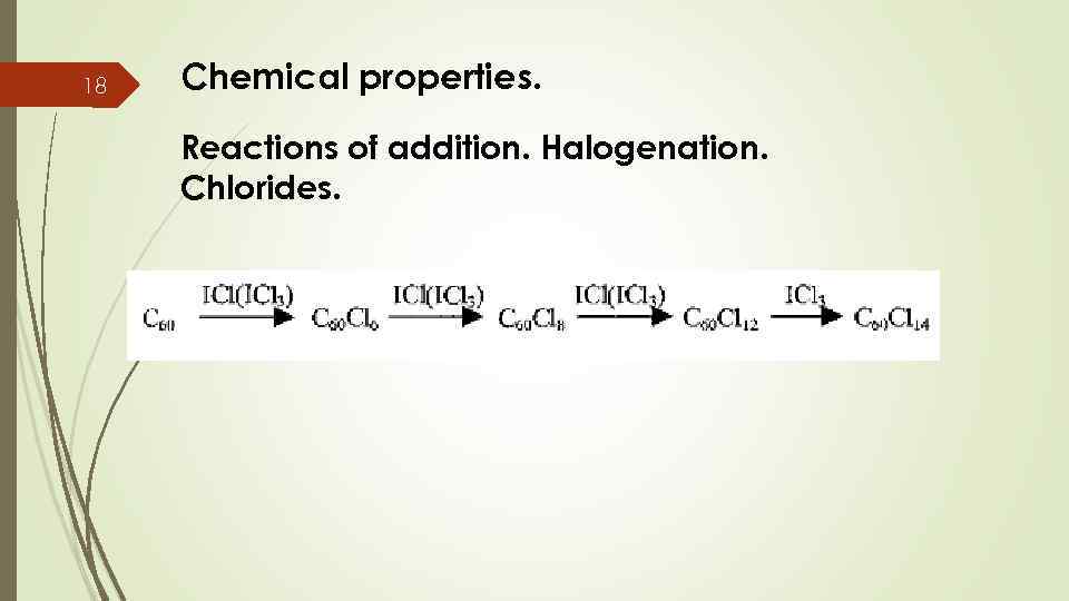 18 Chemical properties. Reactions of addition. Halogenation. Chlorides. 