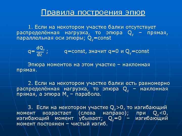 Правила построения эпюр 1. Если на некотором участке балки отсутствует распределённая нагрузка, то эпюра
