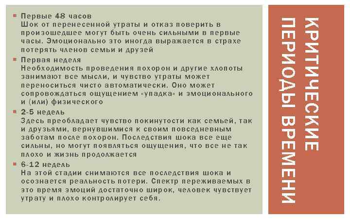 КРИТИЧЕСКИЕ ПЕРИОДЫ ВРЕМЕНИ Первые 48 часов Шок от перенесенной утраты и отказ поверить в
