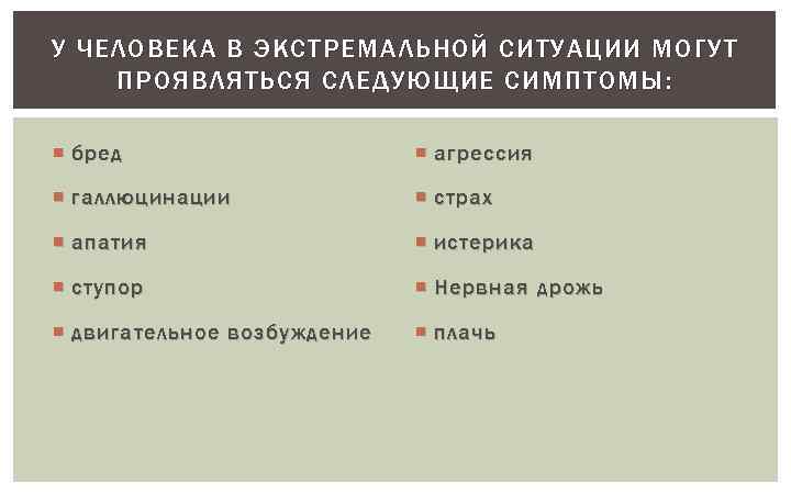 У ЧЕЛОВЕКА В ЭКСТРЕМАЛЬНОЙ СИТУАЦИИ МОГУТ ПРОЯВЛЯТЬСЯ СЛЕДУЮЩИЕ СИМПТОМЫ: бред агрессия галлюцинации страх апатия