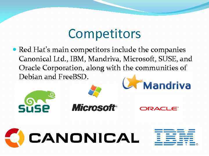 Competitors Red Hat's main competitors include the companies Canonical Ltd. , IBM, Mandriva, Microsoft,