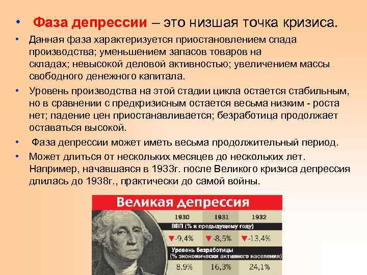  • Фаза депрессии – это низшая точка кризиса. • Данная фаза характеризуется приостановлением