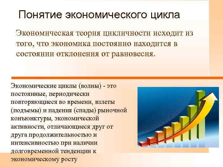  Понятие экономического цикла Экономическая теория цикличности исходит из того, что экономика постоянно находится
