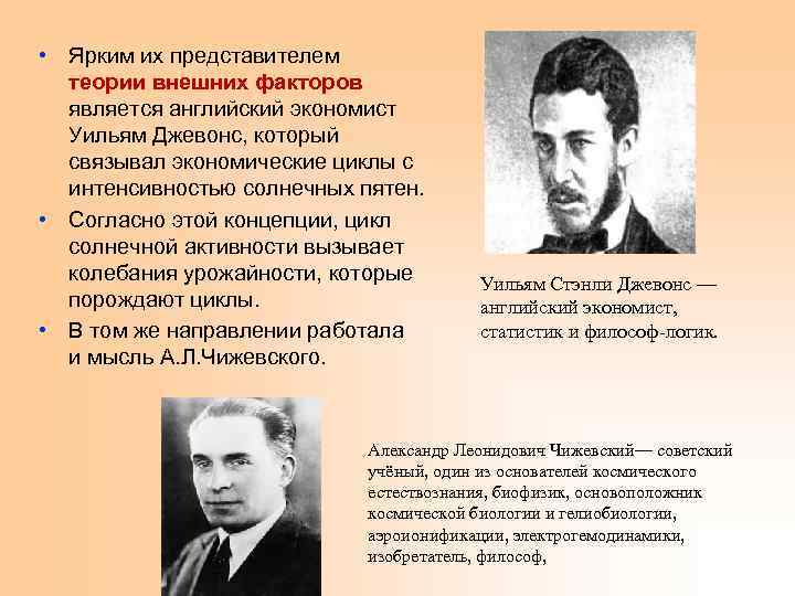  • Ярким их представителем теории внешних факторов является английский экономист Уильям Джевонс, который