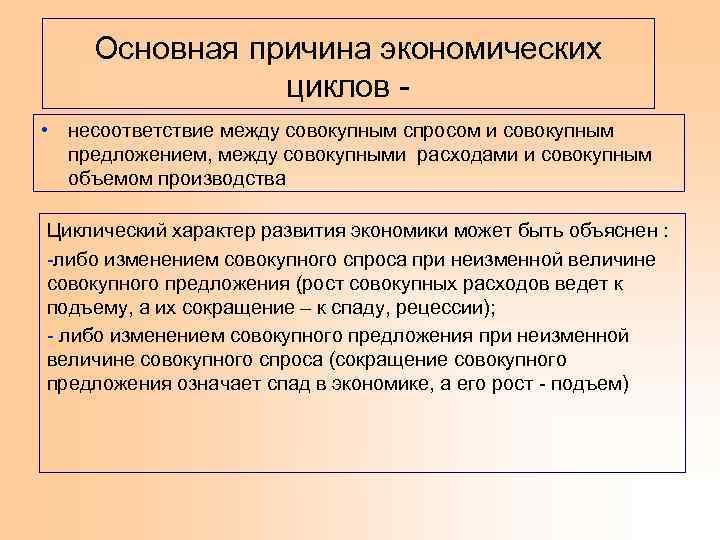 Основная причина экономических циклов • несоответствие между совокупным спросом и совокупным предложением, между совокупными