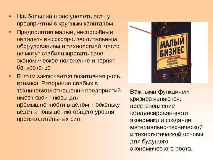  • Наибольший шанс уцелеть есть у предприятий с крупным капиталом. • Предприятия малые,