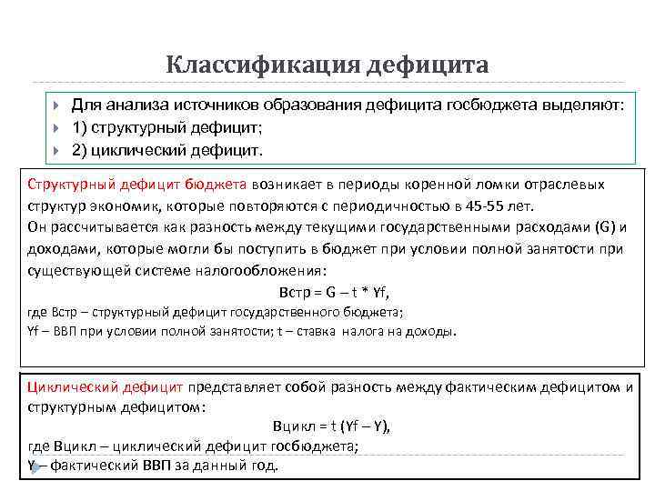 Классификация дефицита Для анализа источников образования дефицита госбюджета выделяют: 1) структурный дефицит; 2) циклический