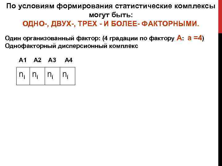 По условиям формирования статистические комплексы могут быть: ОДНО-, ДВУХ-, ТРЕХ - И БОЛЕЕ- ФАКТОРНЫМИ.