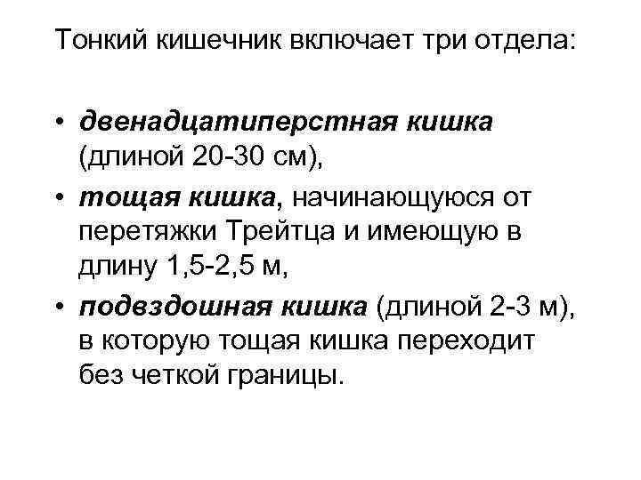 Тонкий кишечник включает три отдела: • двенадцатиперстная кишка (длиной 20 -30 см), • тощая