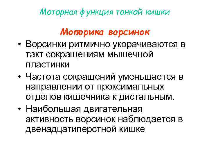 Моторная функция тонкой кишки Моторика ворсинок • Ворсинки ритмично укорачиваются в такт сокращениям мышечной