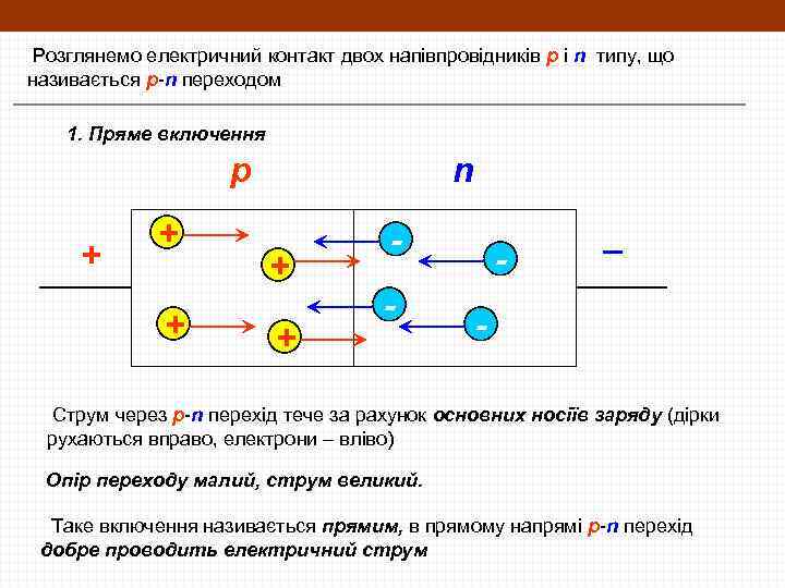 Розглянемо електричний контакт двох напівпровідників p і n типу, що називається p-n переходом 1.
