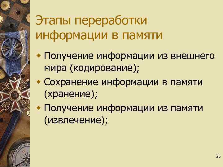 Этапы переработки информации в памяти w Получение информации из внешнего мира (кодирование); w Сохранение