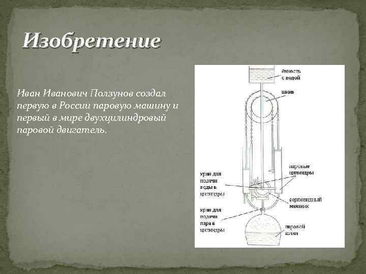 Изобретение Иванович Ползунов создал первую в России паровую машину и первый в мире двухцилиндровый