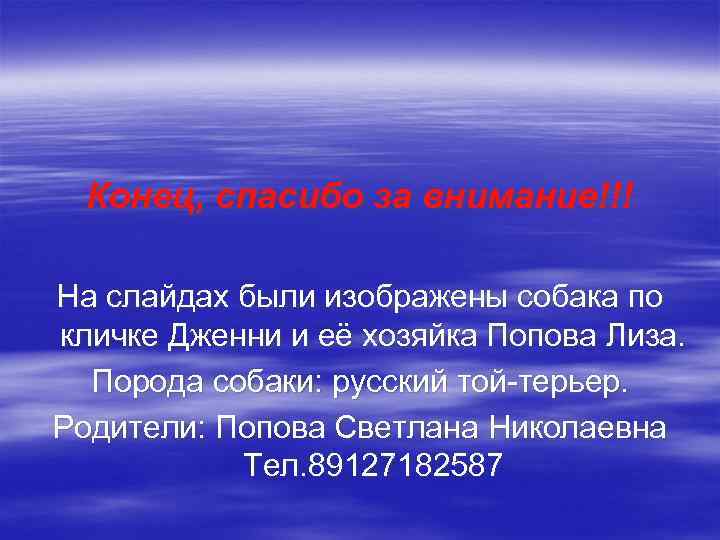 Конец, спасибо за внимание!!! На слайдах были изображены собака по кличке Дженни и её