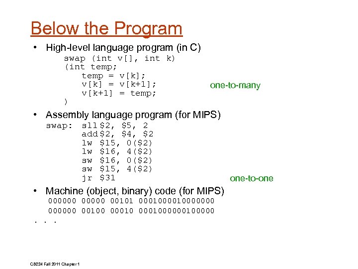 Below the Program • High level language program (in C) swap (int v[], int