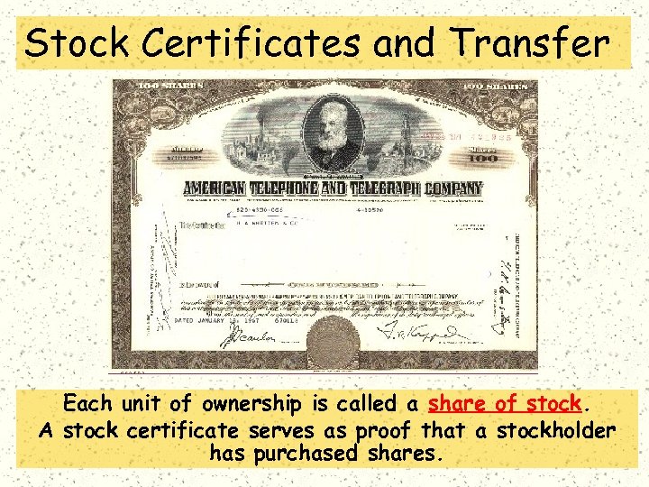Stock Certificates and Transfer Each unit of ownership is called a share of stock.