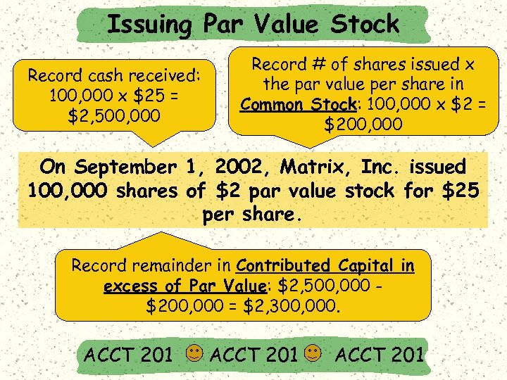 Issuing Par Value Stock Record cash received: 100, 000 x $25 = $2, 500,