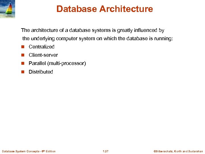 Database Architecture The architecture of a database systems is greatly influenced by the underlying