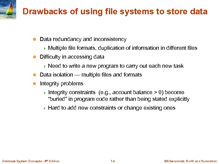 Drawbacks of using file systems to store data l Data redundancy and inconsistency 4