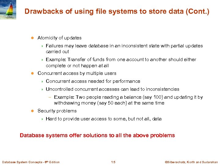 Drawbacks of using file systems to store data (Cont. ) l Atomicity of updates