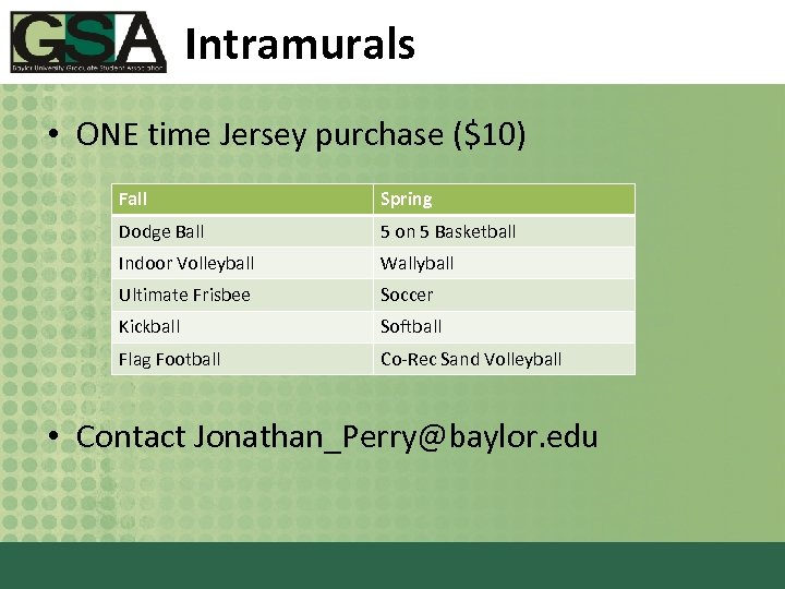Intramurals • ONE time Jersey purchase ($10) Fall Spring Dodge Ball 5 on 5