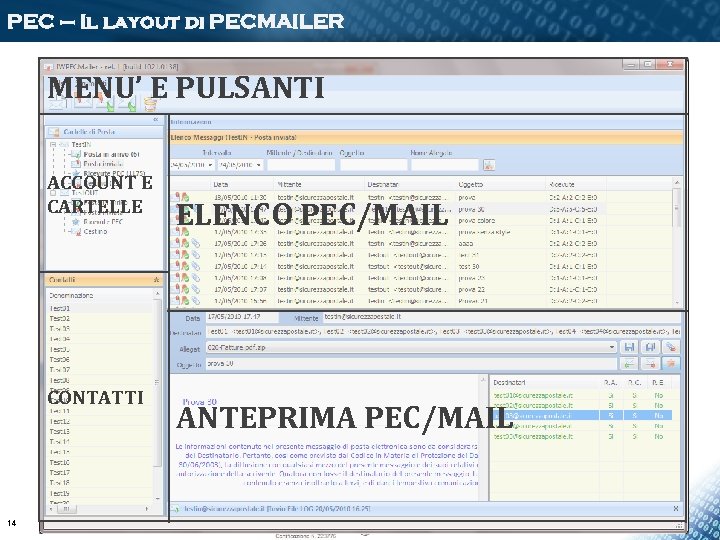 PEC – Il layout di PECMAILER MENU’ E PULSANTI ACCOUNT E CARTELLE CONTATTI 14