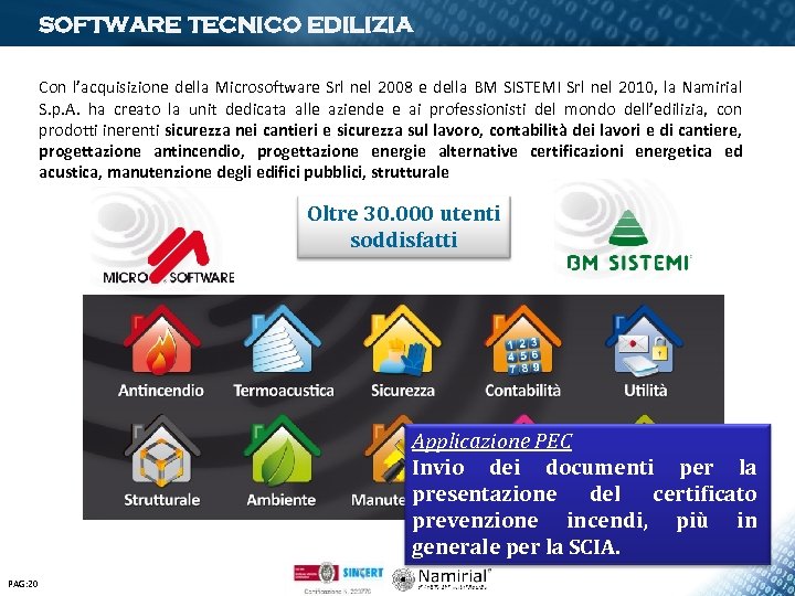 SOFTWARE TECNICO EDILIZIA Con l’acquisizione della Microsoftware Srl nel 2008 e della BM SISTEMI