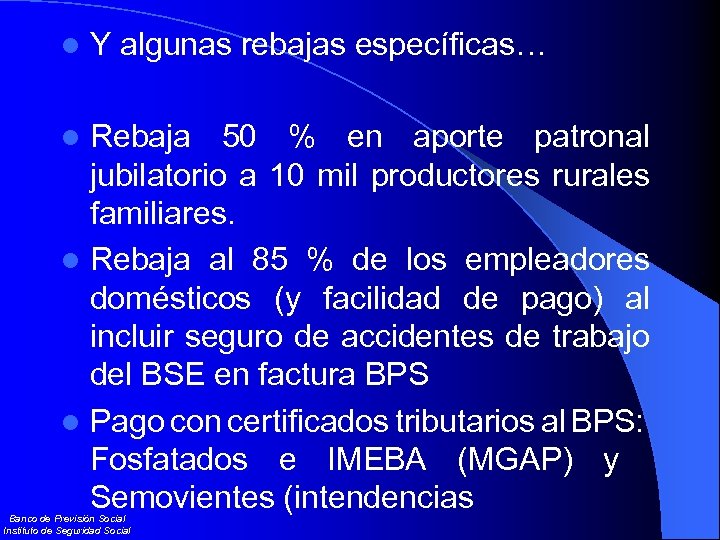 l Y algunas rebajas específicas… Rebaja 50 % en aporte patronal jubilatorio a 10