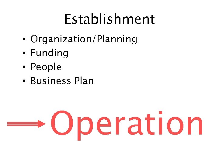 Establishment • • Organization/Planning Funding People Business Plan Operation 