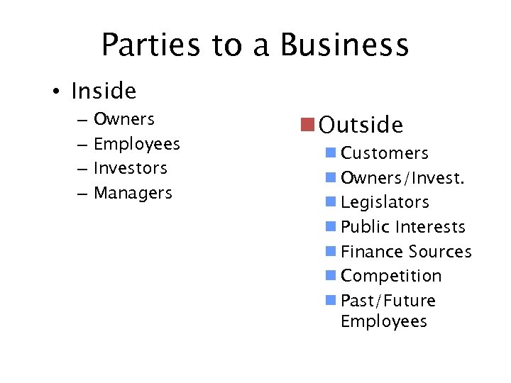 Parties to a Business • Inside – – Owners Employees Investors Managers n Outside